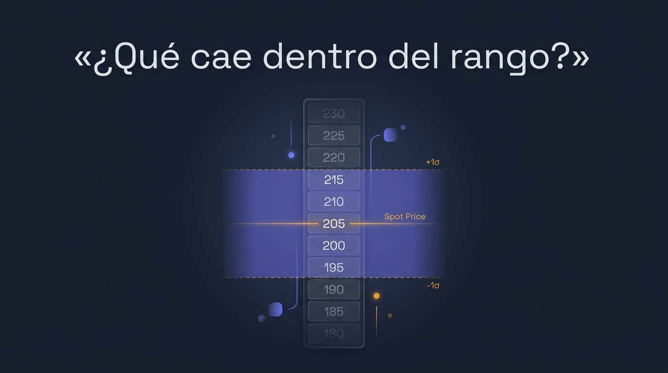 La cadena de opciones leída para decidir: calls a la izquierda, puts a la derecha, con delta, IV, extrínseco y volumen