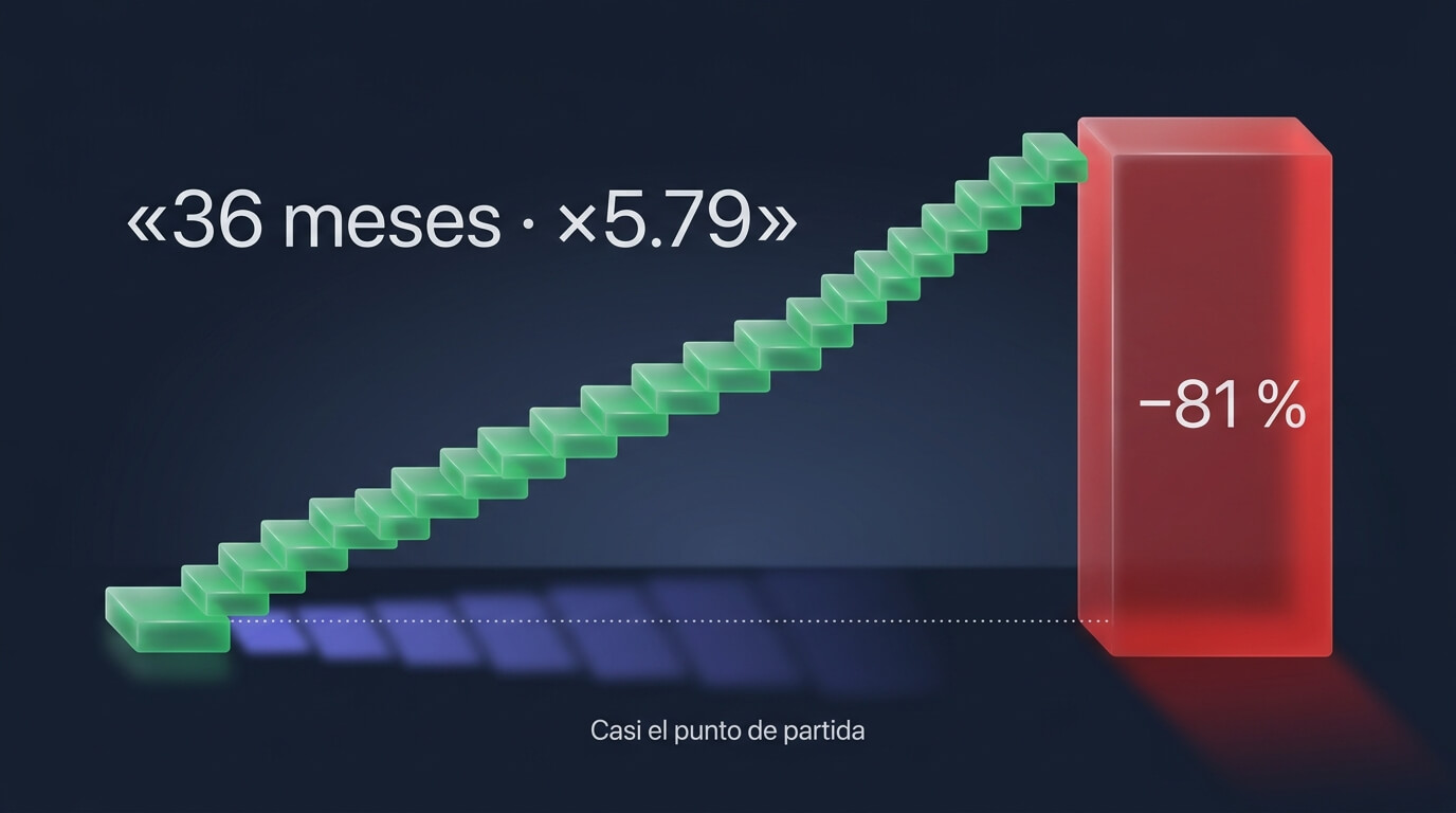 Tres años de ganancias del 5 % mensual multiplican el capital por 5.79 y una caída del 81 % lo devuelve casi al punto de partida