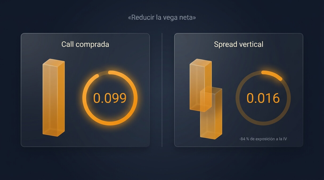 Comparación de la vega neta de una call comprada frente a un spread vertical, mostrando la reducción de la exposición a la caída de la volatilidad implícita