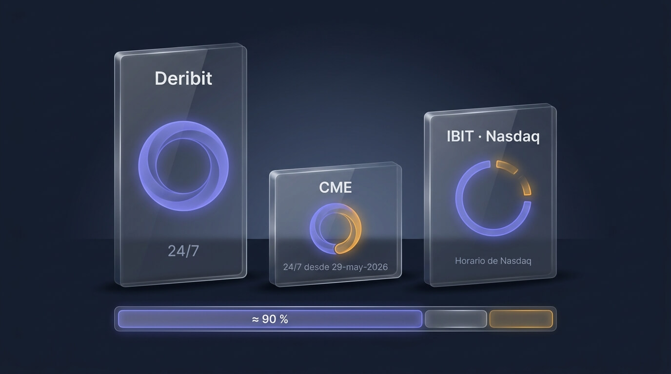 Mapa de los tres mercados de opciones cripto: Deribit 24/7 offshore, CME regulado ahora 24/7 e IBIT en Nasdaq solo en horario estadounidense