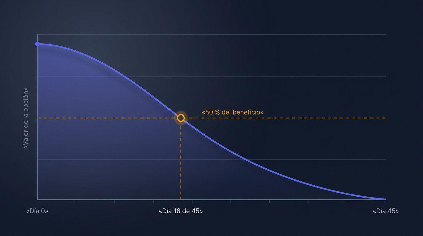 Curva de decaimiento de una put corta a 45 días que muestra en qué día se alcanza el 25 %, 50 %, 75 % y 90 % del beneficio máximo si el subyacente no se mueve