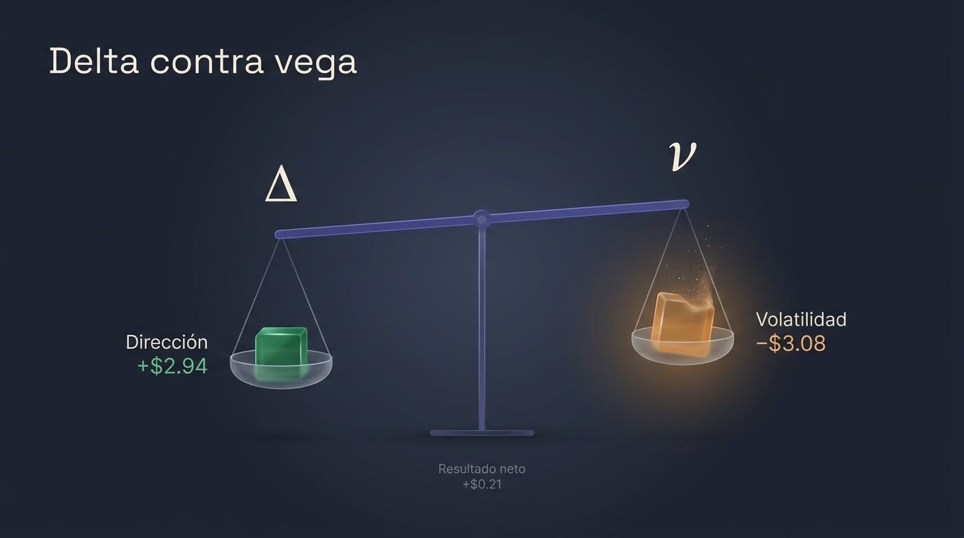 Balanza entre la ganancia por dirección (delta por el movimiento del subyacente) y la pérdida por volatilidad (vega por la caída de la IV)