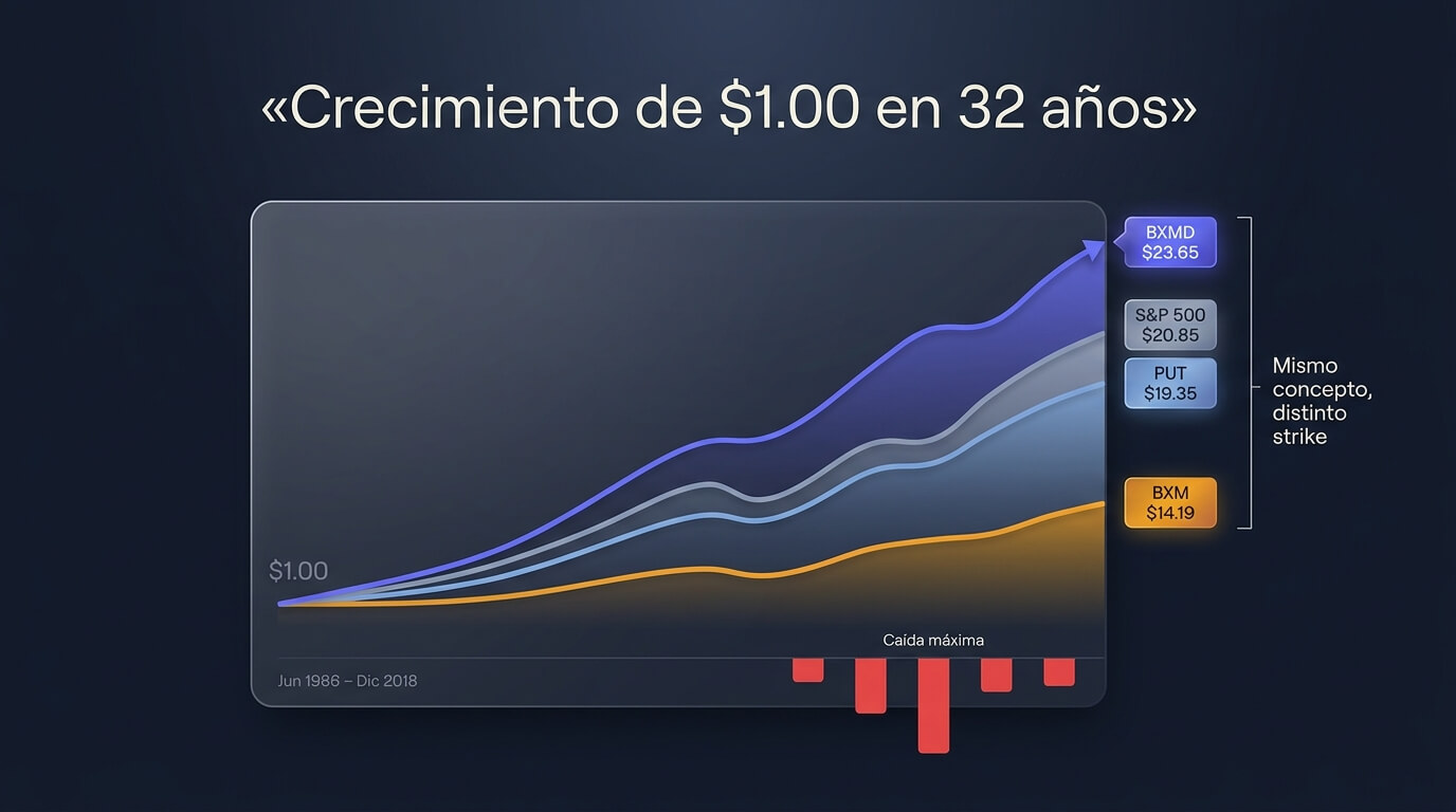 Crecimiento de un dólar en 32 años: BXM, BXMD, PUT y el S&P 500, con la volatilidad y el drawdown de cada uno