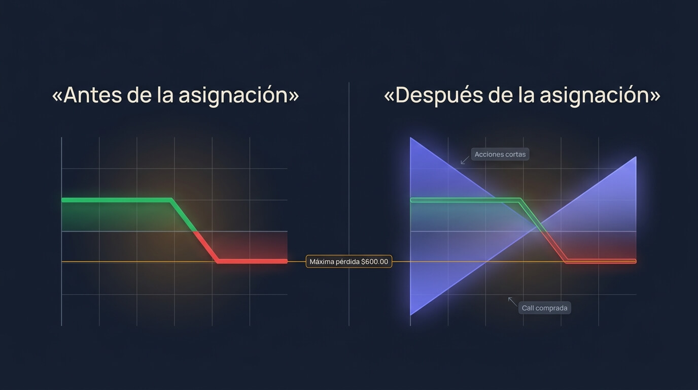 Un call spread vendido tras la asignación de la pata corta: acciones cortas más la call larga, con la máxima pérdida intacta