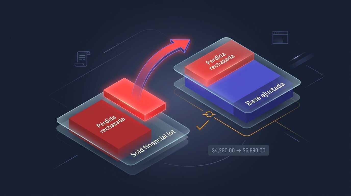 Diagrama del traslado de una pérdida rechazada por wash sale a la base del lote de acciones adquirido por asignación de una put
