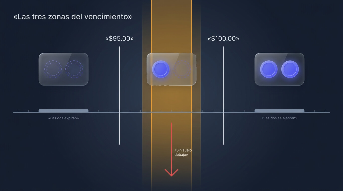 Diagrama de un bull put spread 100/95 con las tres zonas de cierre al vencimiento: por encima de 100 ambas patas expiran, por debajo de 95 ambas se ejercen y entre 95 y 100 solo se ejerce la pata corta, dejando acciones sin protección
