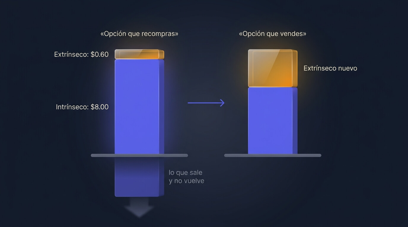 Descomposición del precio de una opción corta en valor intrínseco y extrínseco, mostrando que al rolar se paga el intrínseco realizado a cambio de extrínseco nuevo