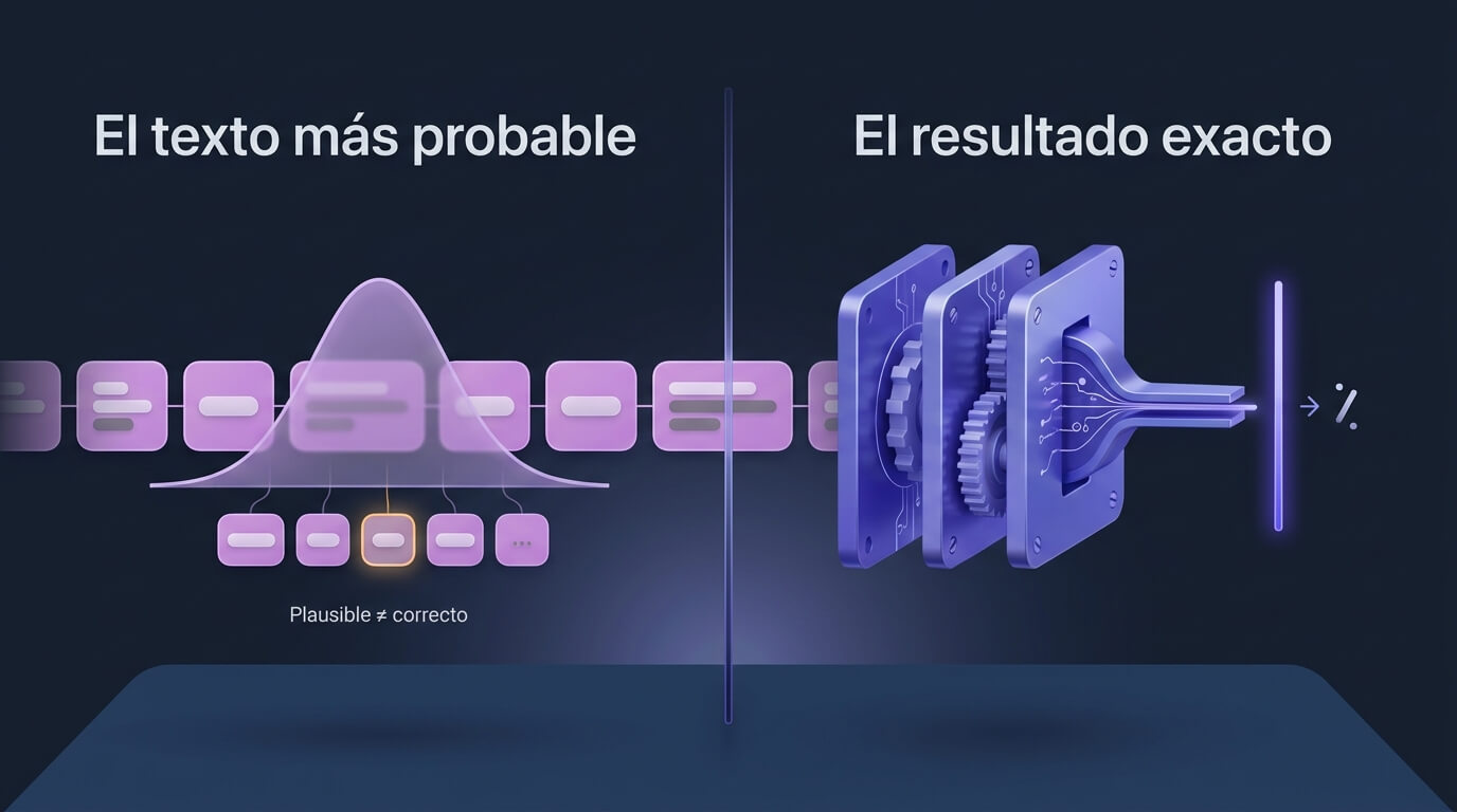 Un modelo de lenguaje produce el texto más probable mientras un motor de valoración calcula el resultado exacto: dos máquinas distintas para dos problemas distintos
