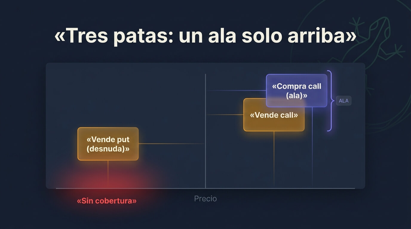 Las tres patas de la jade lizard: put vendida abajo, call vendida arriba y call comprada como única ala