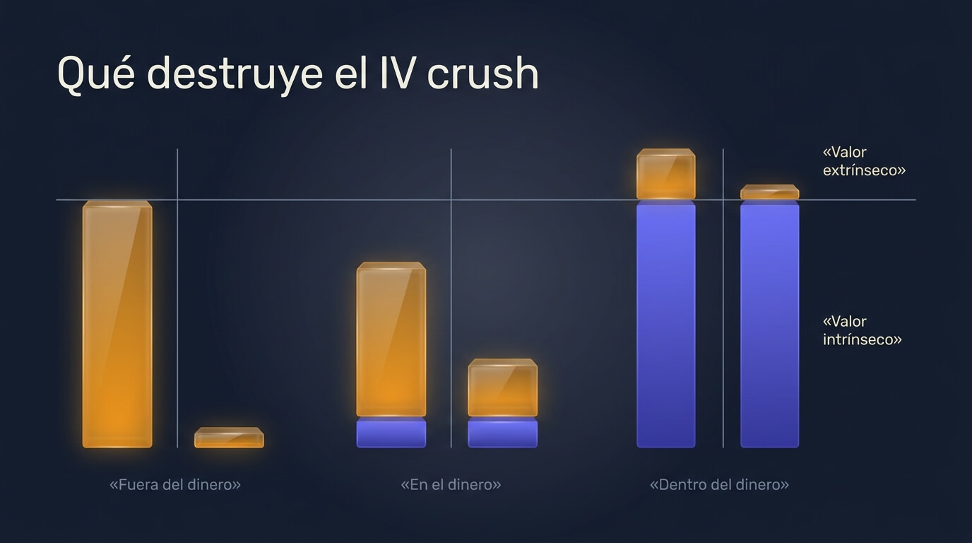 Descomposición del precio de una opción en valor intrínseco y valor extrínseco, y cómo el IV crush solo destruye la parte extrínseca