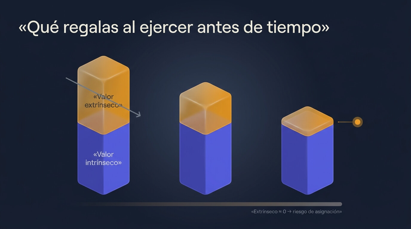 Descomposición del precio de una opción en valor intrínseco y extrínseco, y cómo el ejercicio anticipado regala el valor extrínseco