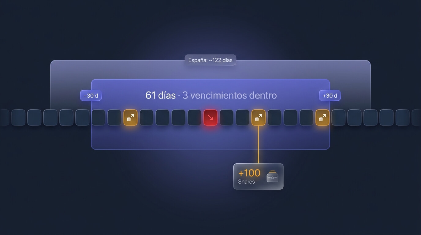 Calendario que muestra la ventana de 61 días de la wash sale alrededor de una venta con pérdida en diciembre, con tres vencimientos mensuales de opciones cayendo dentro