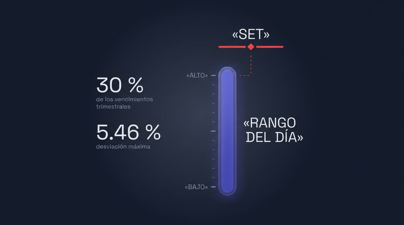 Gráfico del rango máximo-mínimo de una sesión de vencimiento con el valor de liquidación SET marcado por encima del máximo del día, ilustrando que el precio de liquidación puede caer fuera del rango negociado