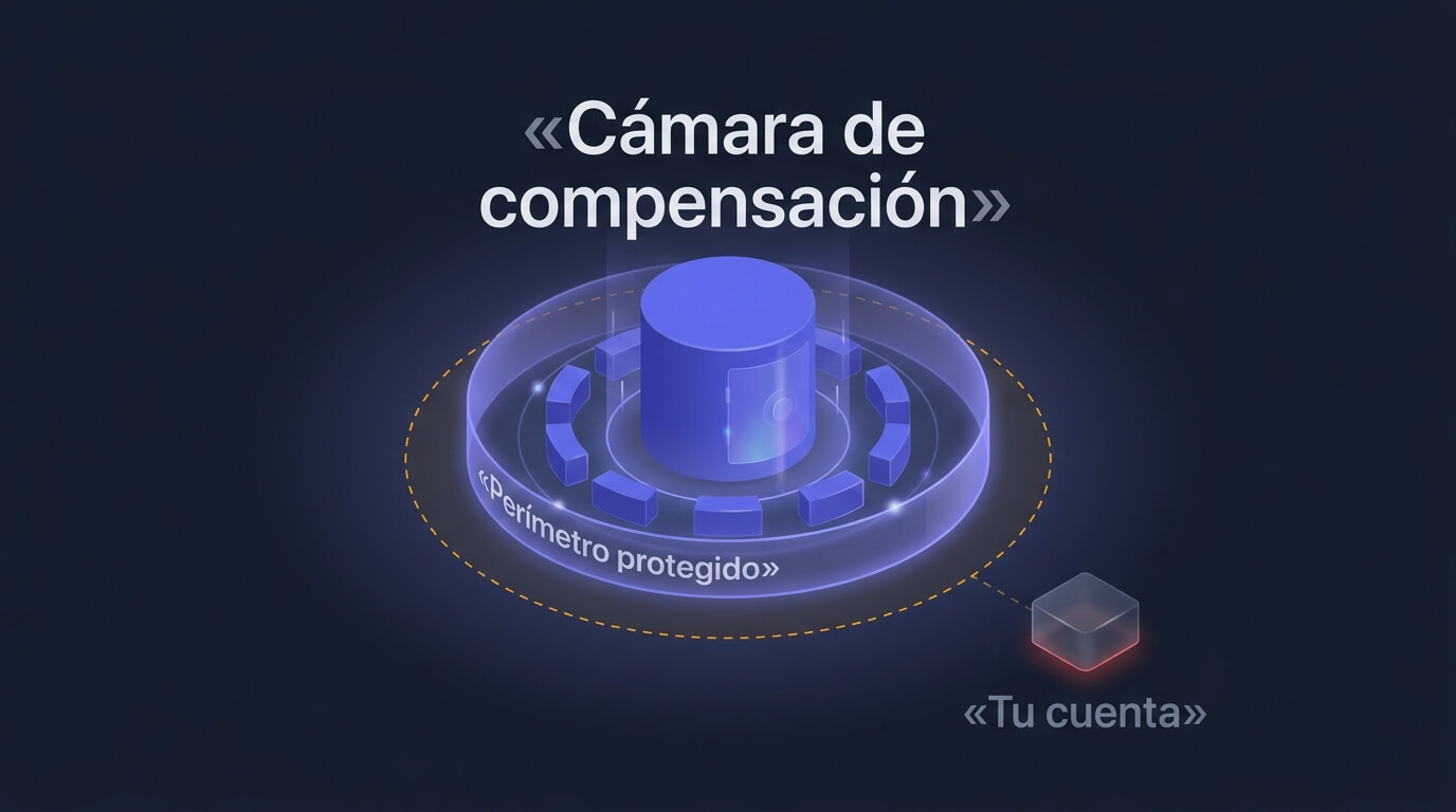 Esquema del sistema de compensación de opciones mostrando que la garantía protege a la cámara y a los miembros compensadores frente al impago, no al trader minorista