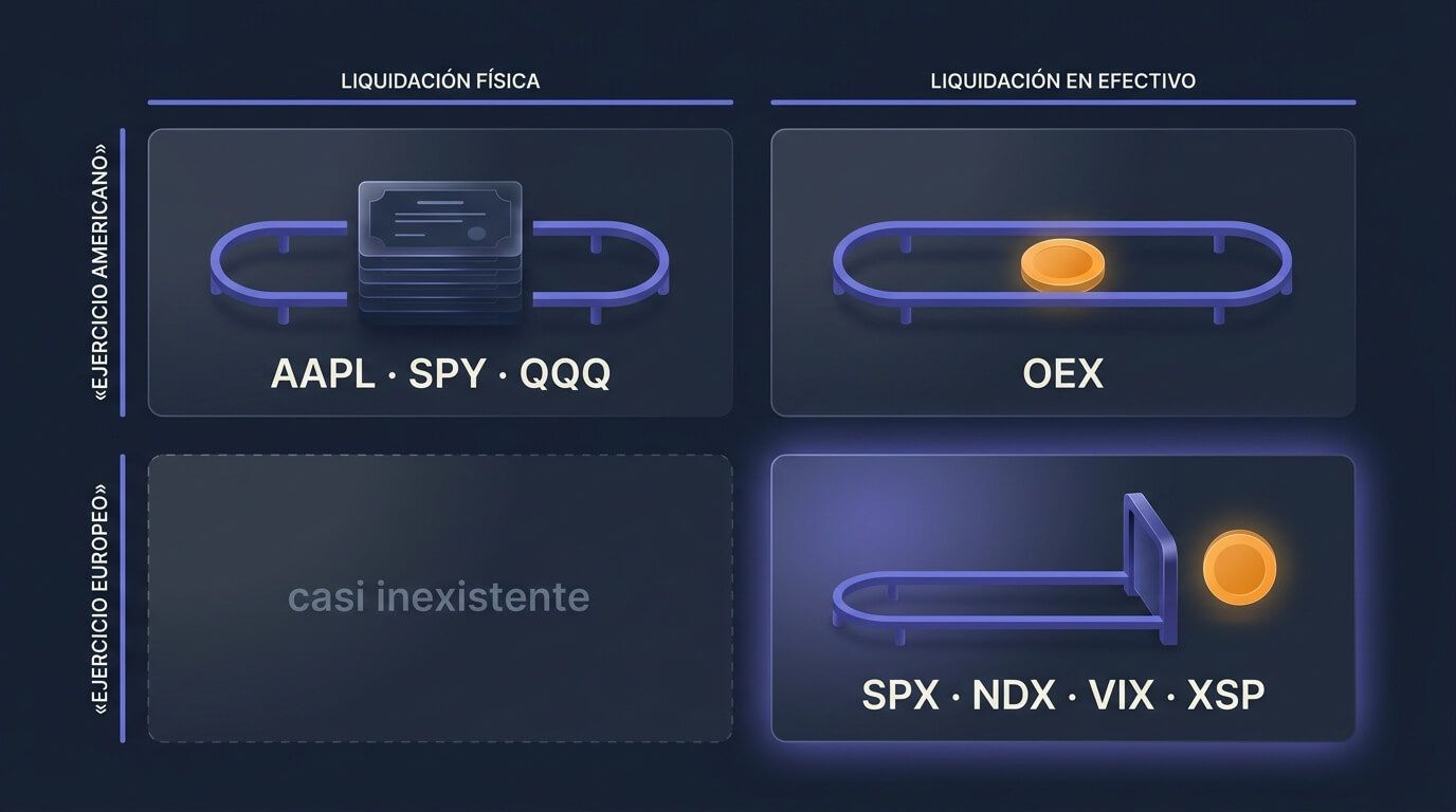 Matriz de dos por dos que cruza el estilo de ejercicio (americano o europeo) con el tipo de liquidación (física o en efectivo), situando acciones y ETF en la casilla americano-física y los índices SPX, NDX y VIX en la europea-efectivo