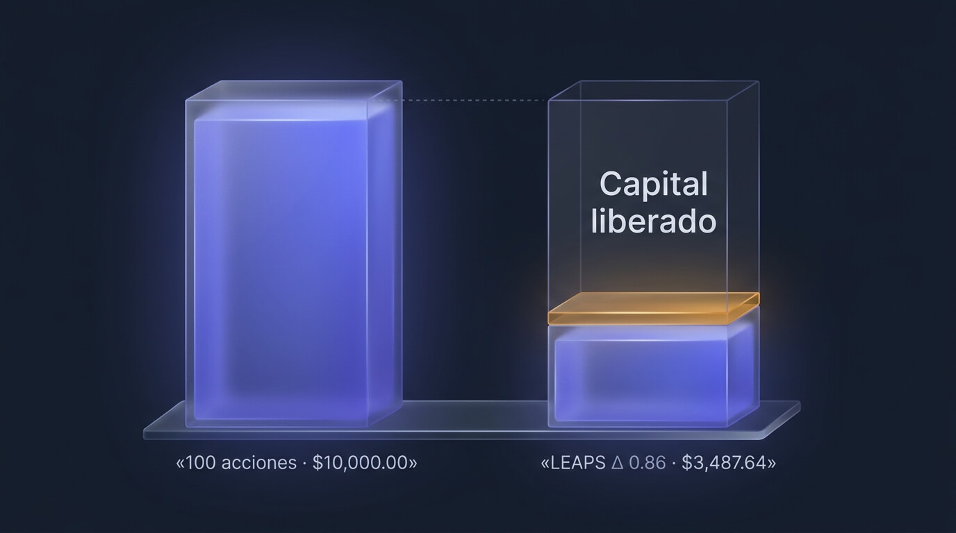 Comparación de capital: 100 acciones cuestan $10,000 mientras un LEAPS con delta 0.86 cuesta $3,487.64 y libera dos tercios del dinero
