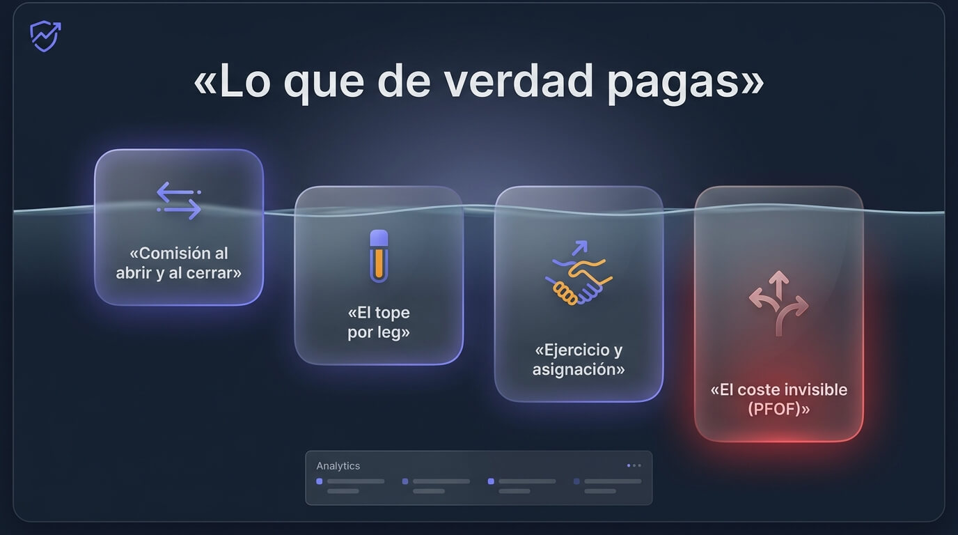 Los costes reales de operar opciones: comisión al abrir y al cerrar, tope por leg, ejercicio y asignación