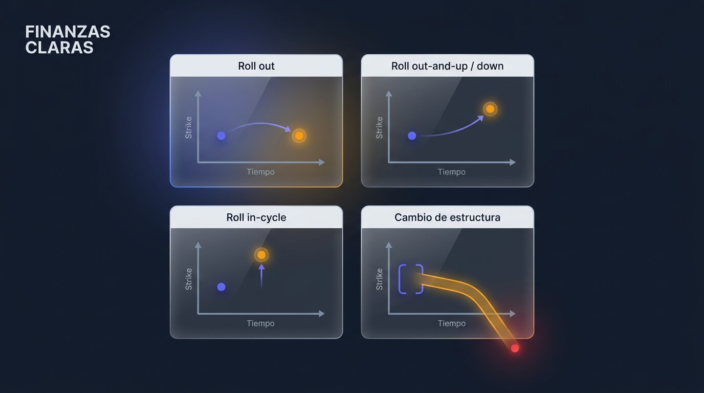 Diagrama con los cuatro tipos de roll de una opción: solo tiempo, tiempo y strike, solo strike dentro del mismo vencimiento, y cambio de estructura