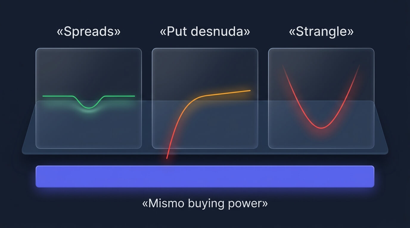 Tres posiciones con un buying power reduction casi idéntico y perfiles de pérdida máxima radicalmente distintos: spreads de riesgo definido, put desnuda y strangle