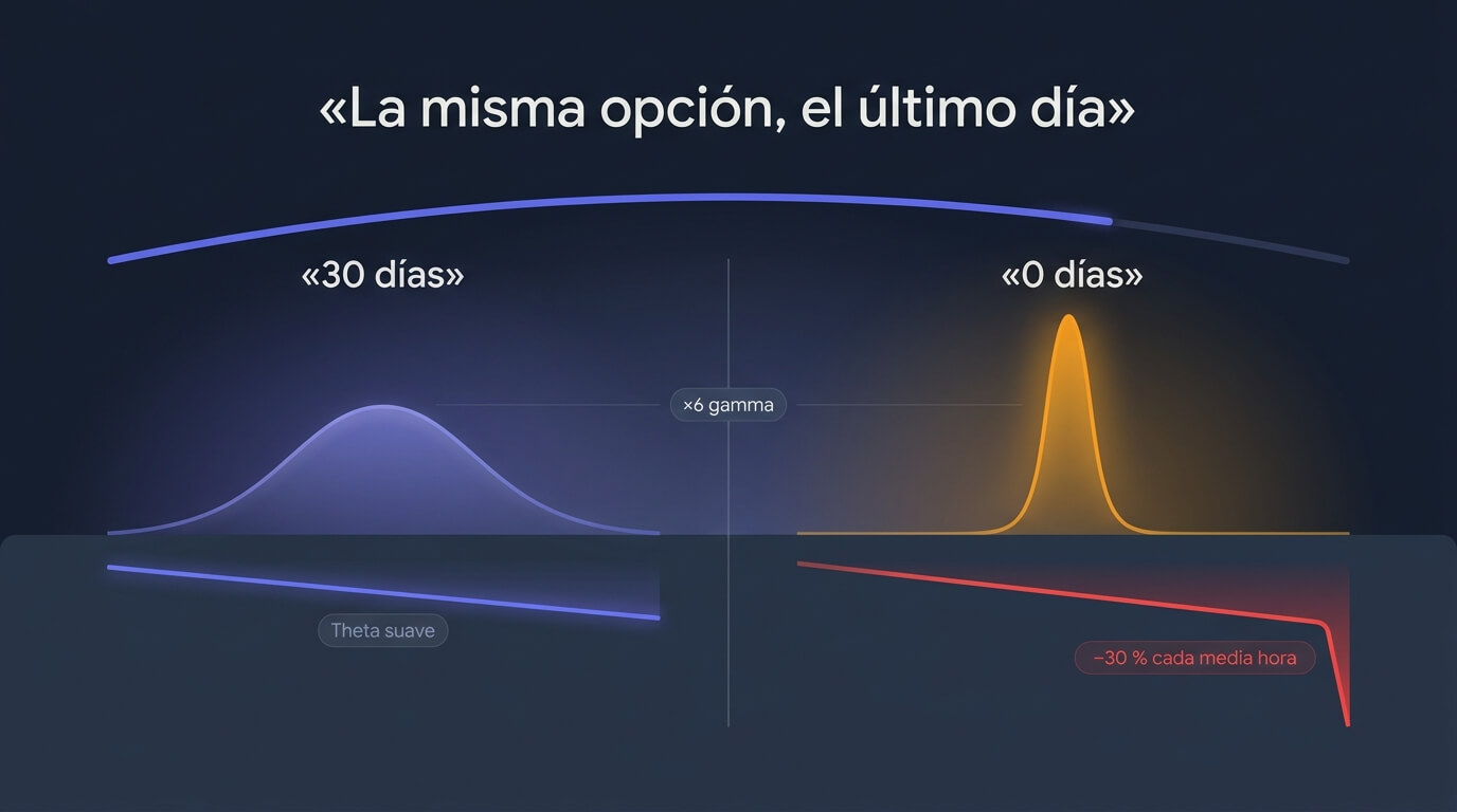 Comparación entre una opción a 30 días y una 0DTE: la gamma se dispara y la theta se acelera en las últimas horas