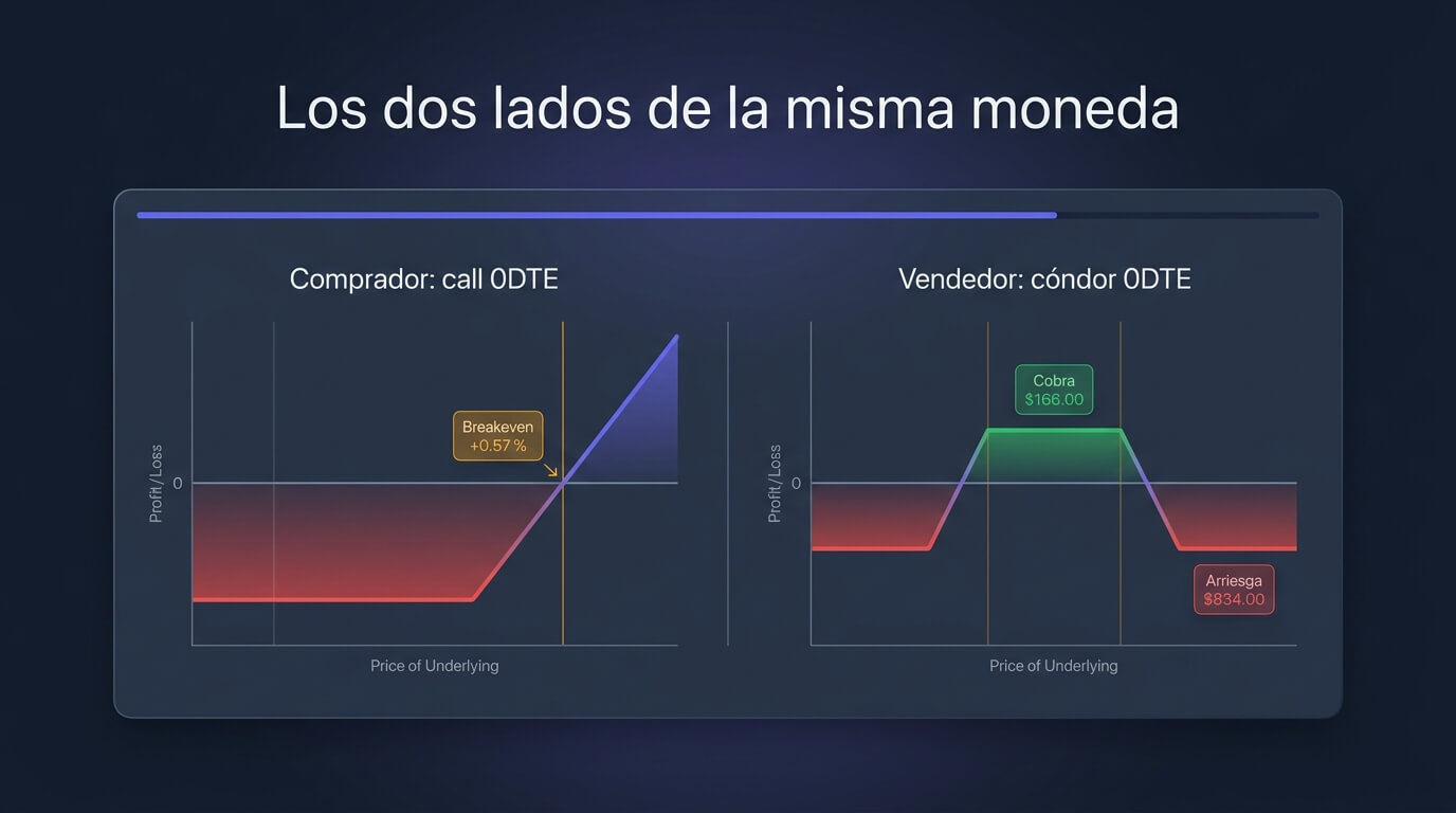 Payoff enfrentado: la call 0DTE comprada con su breakeven lejano frente al cóndor de hierro vendido con su meseta estrecha y sus alas