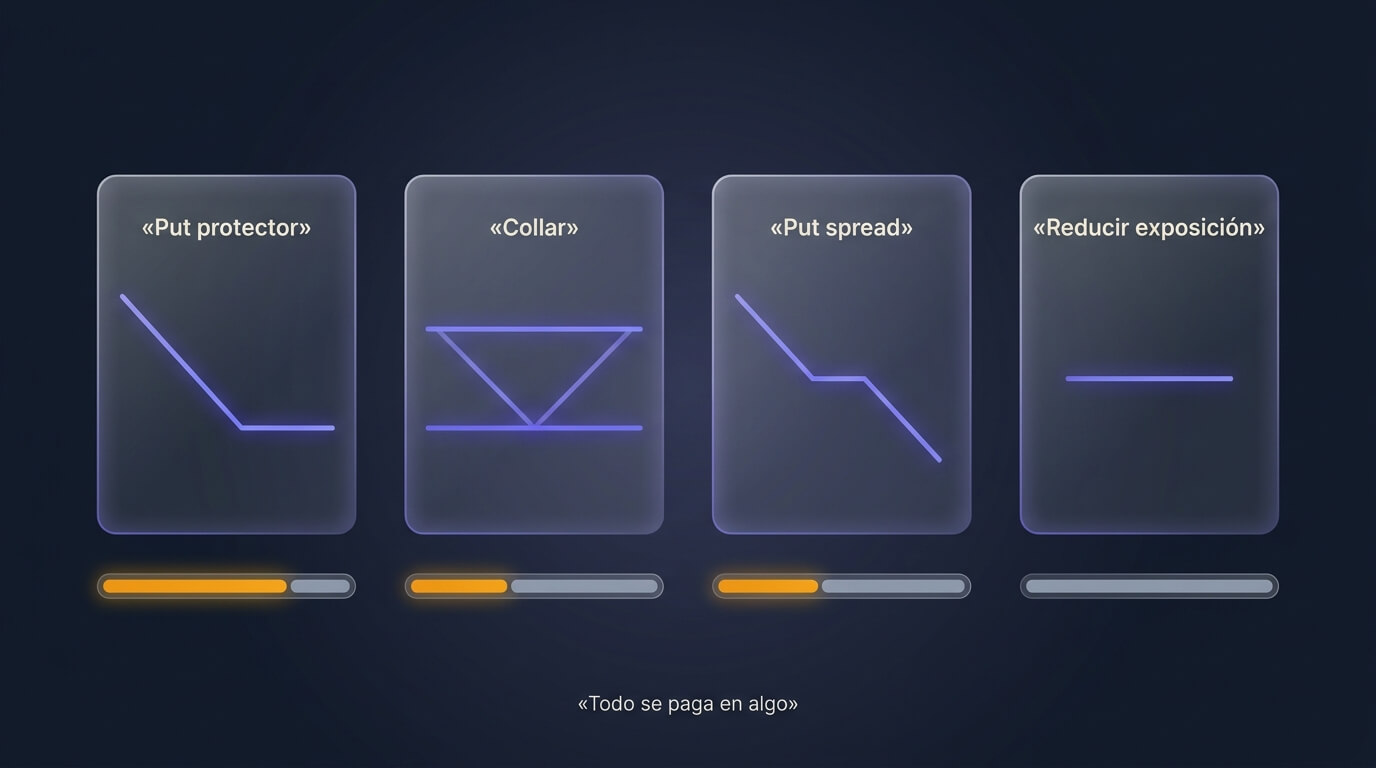 Cuatro alternativas de cobertura comparadas: put protector, collar, put spread y reducir exposición, con su coste y su contrapartida