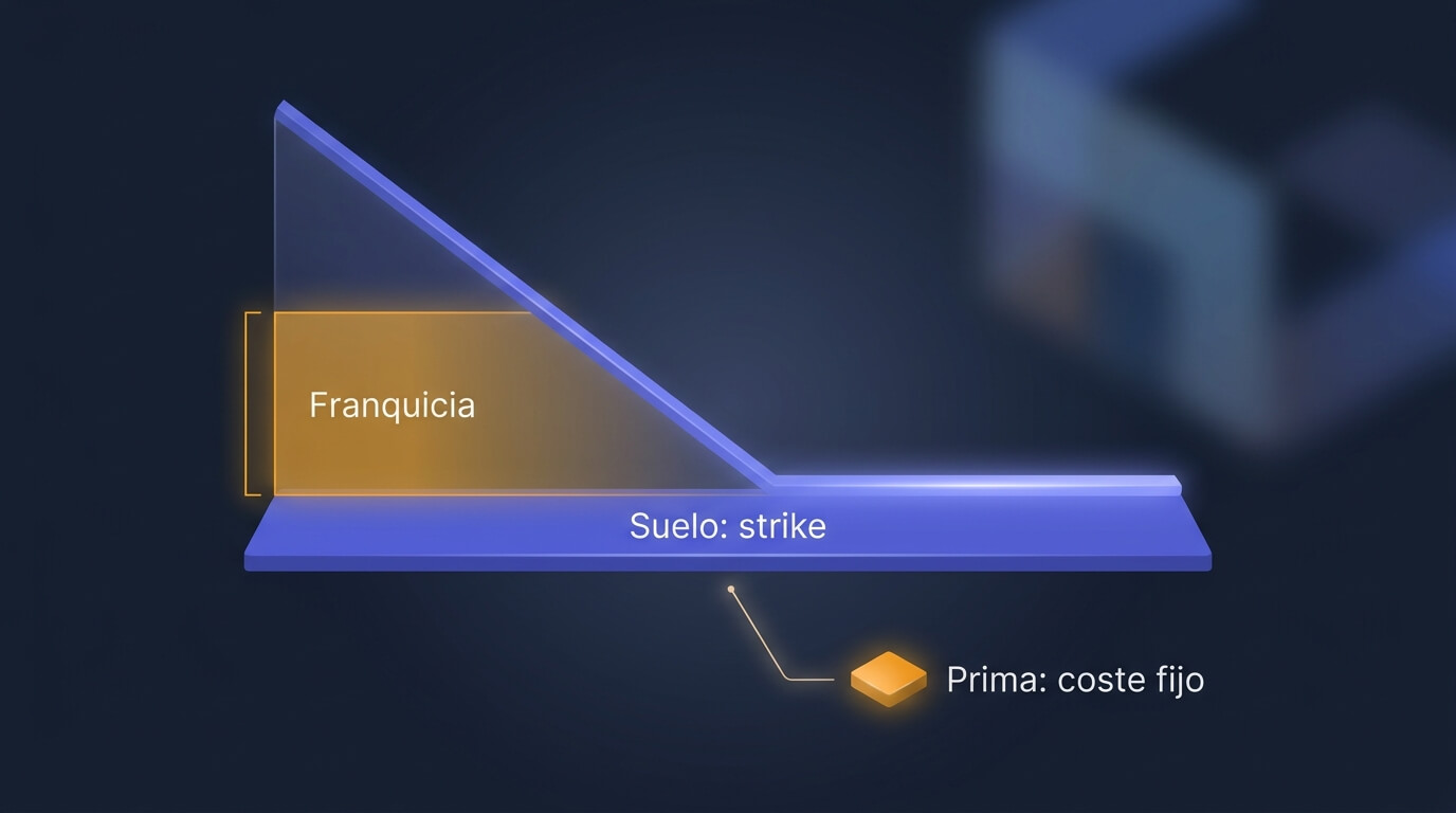 Anatomía de un put protector: la cartera cae en línea recta y el put crea un suelo por debajo del strike, con la prima como coste fijo