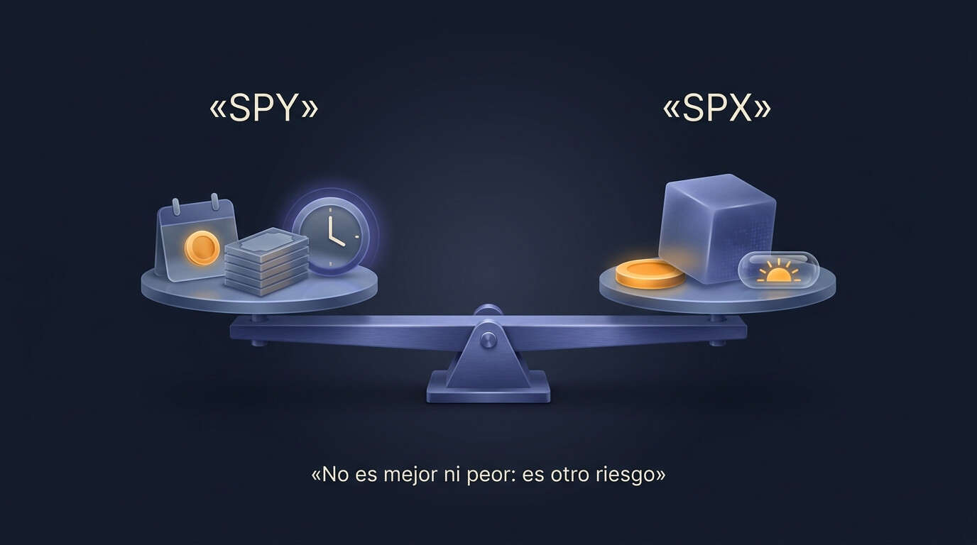 Balanza que compara la operativa con opciones sobre SPY frente a SPX: a un lado asignación anticipada, dividendos y entrega de acciones; al otro liquidación en efectivo, tamaño nocional grande y riesgo de valor de liquidación