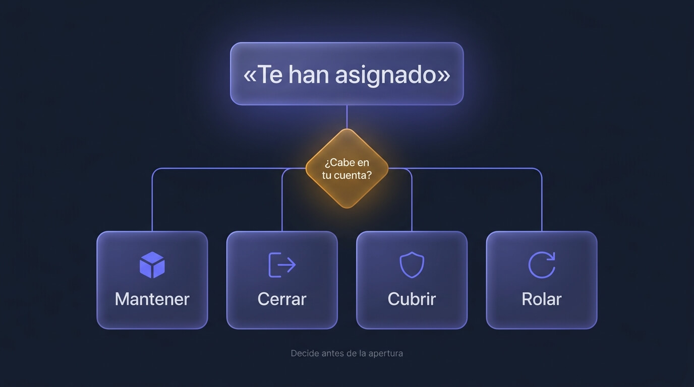 Árbol de decisión ante una asignación: comprobar garantías, verificar la posición resultante y elegir entre mantener, cerrar, cubrir o rolar