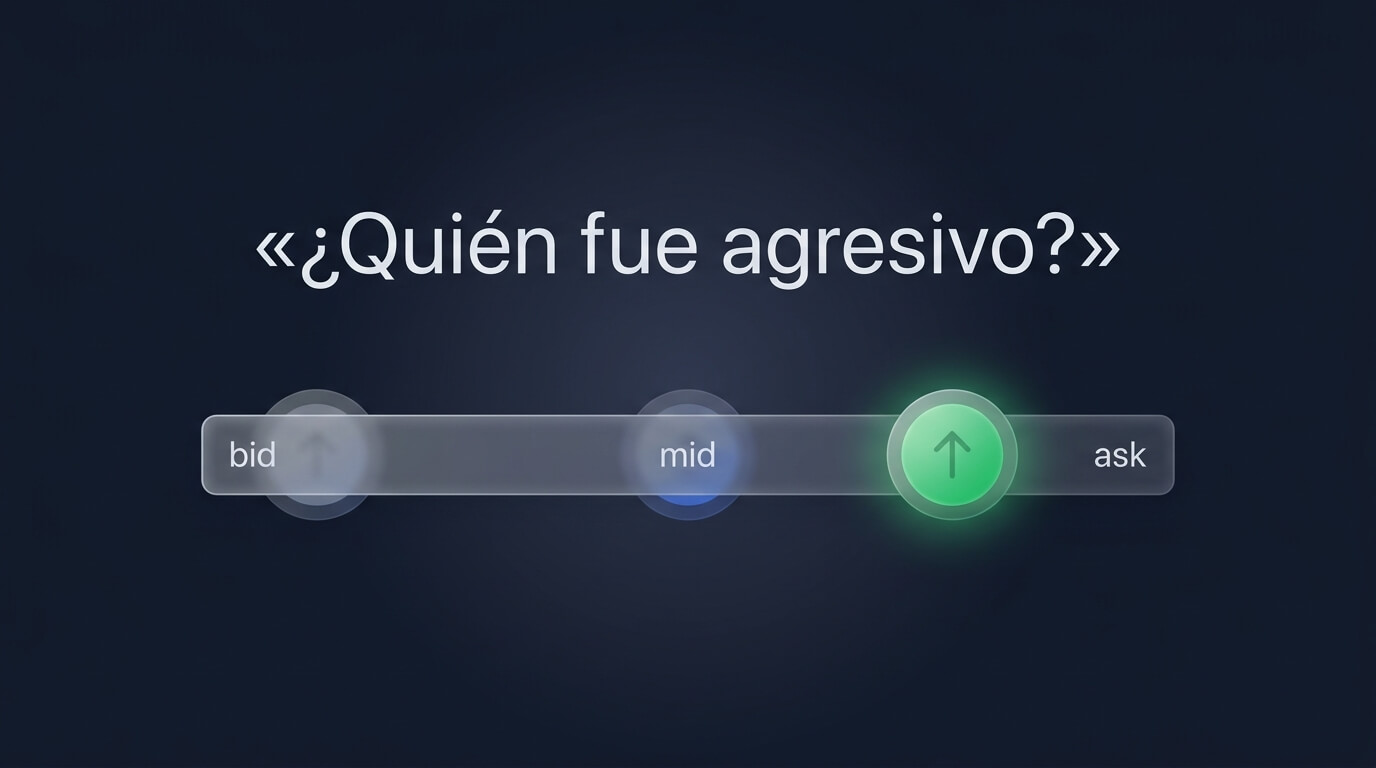 Flujo de opciones: operaciones grandes con prima, tamaño, strike, vencimiento, DTE y el lado bid/mid/ask