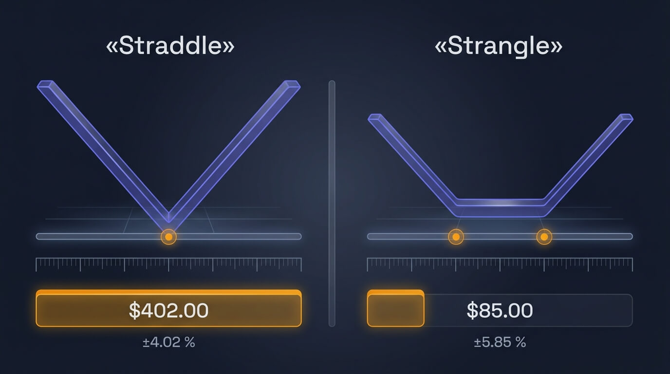 Comparación entre straddle y strangle: el straddle concentra ambas patas en el mismo strike y el strangle las separa, ensanchando la zona de pérdida