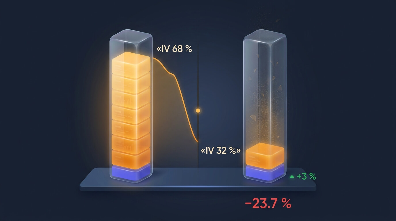 El IV crush: la volatilidad implícita se desploma del 68 % al 32 % justo después de los resultados y vacía el valor del straddle aunque la acción se haya movido