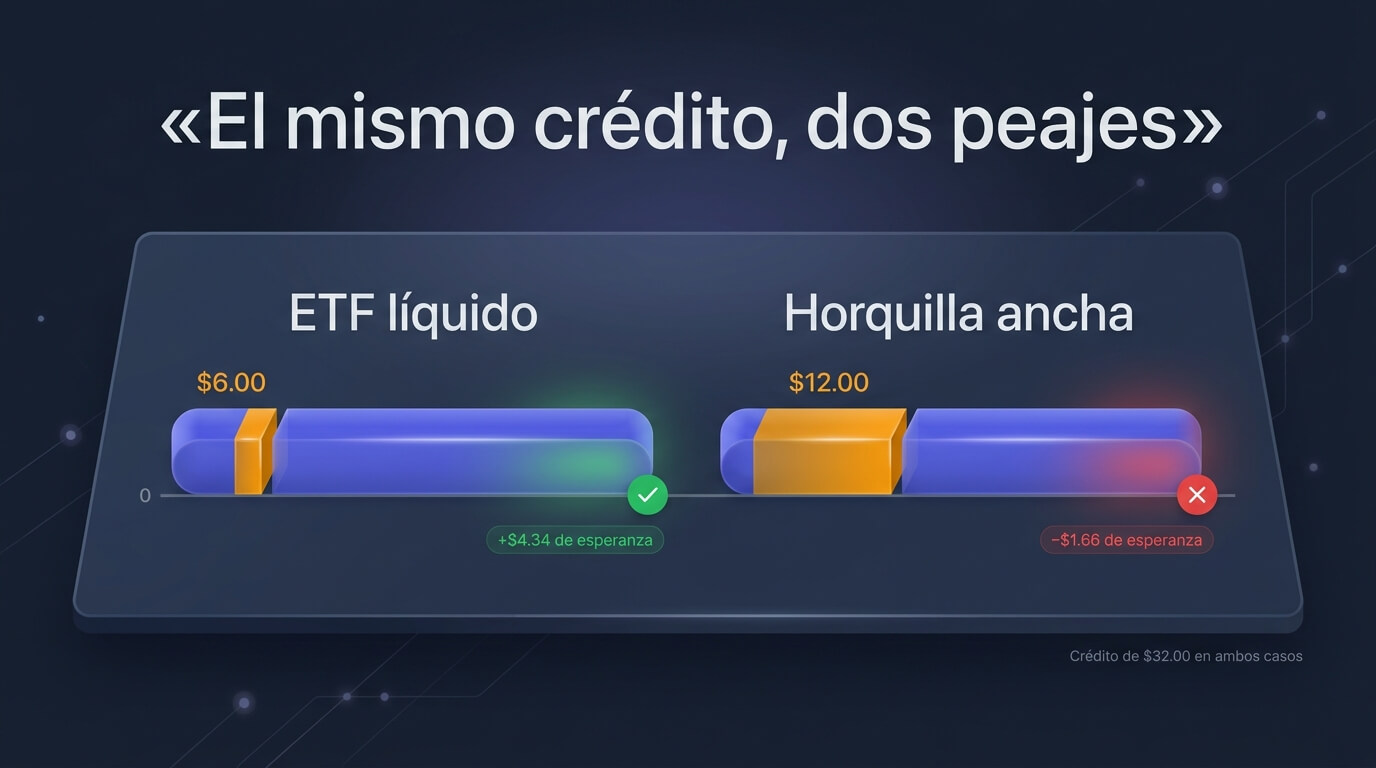 Comparación del peaje de una operación de opciones sobre un ETF líquido frente a una acción con horquilla ancha: el mismo crédito, el doble de coste