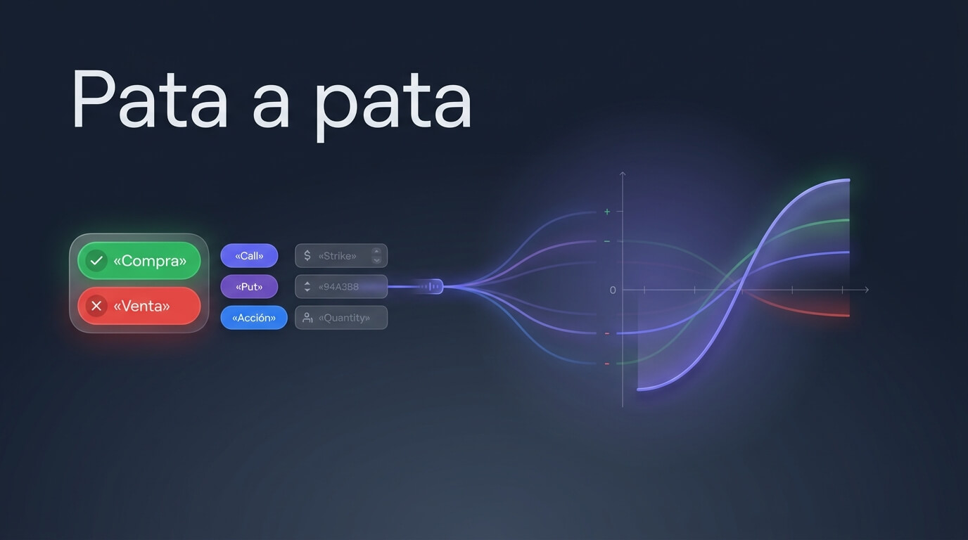 Construir una estrategia de opciones pata a pata: lado, tipo, strike y cantidad con primas del chain real