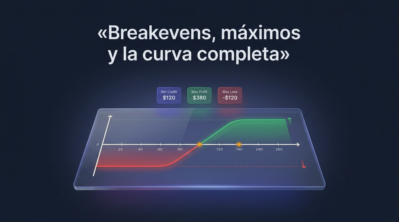 Qué te dice el diagrama de payoff: crédito o débito neto, ganancia y pérdida máximas, breakevens y probabilidad