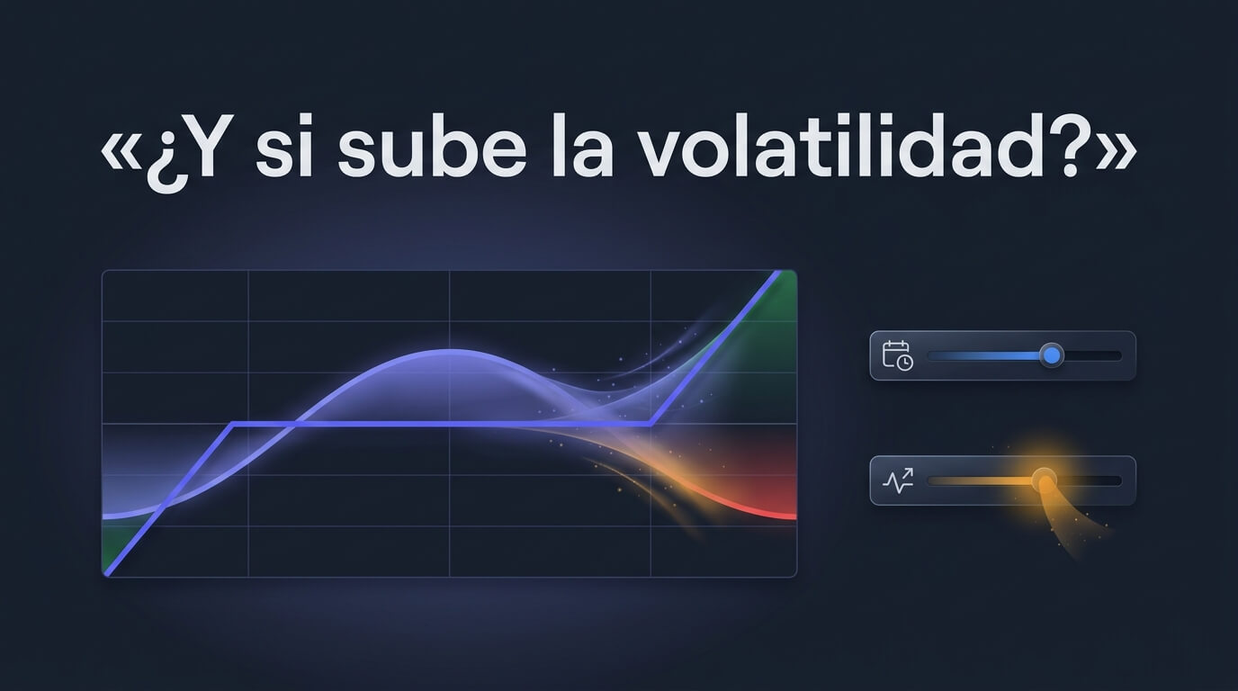 El visualizador deja simular cambios de volatilidad implícita y paso del tiempo sobre la curva de payoff