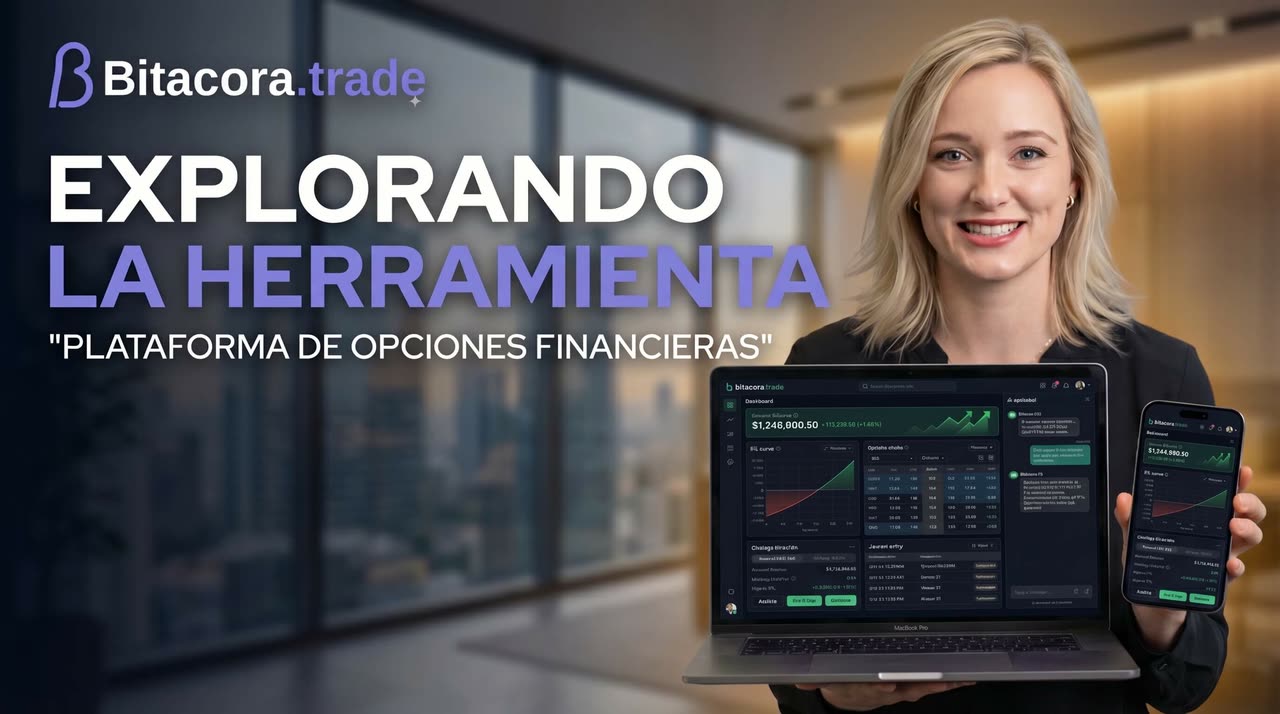 Promotional banner for Bitacora.trade showing the platform on laptop and mobile