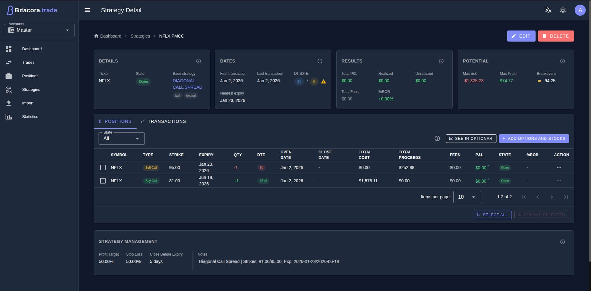 Strategy Detail - Diagonal Call Spread
